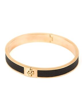 Tory Burch Gold & Black Leather Inlay Bangle Bracelet